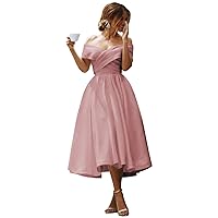 Women's Tea Length Off Shoulder Prom Dresses Ruched Satin Formal Evening Wedding Party Dress with Pockets