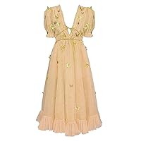 Tulle Puffy Sleeves Prom Dress V Neck A-Line Homecoming Dress Sexy Backless 3D Butterfly Midi Cocktail Dress