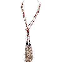 JYX Pearl Double Strand Tassel Necklace 7-9mm White Oval Freshwater Pearl Necklace with Red Oval Corals