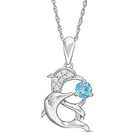 0.30 CT Round Created Blue Topaz Double Dolphin Pendant Necklace 14K White Gold Finish