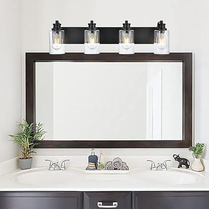 VINLUZ Bathroom Vanity Light Fixture,Industrial Modern 4 Light Wall Lighting with Seedy Glass Shade,Matte Black Wall Lamp for Bath Mirror Kitchen Porch Workshop