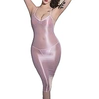 Women's Silky Glossy Tights Long Sleeve Stretch Oily Shiny See Through Nightdress Chemise