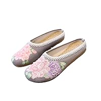 Chinese Style Flower Embroidered Women Linen Flat Mules Slippers Comfortable Soft Breathable Non-Slippery Shoes