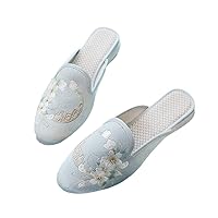 Women Satin Embroidered Pointy Toe Flat Mules Slippers Comfortable Soft Summer Chinese Style Shoes Black Beige