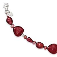 925 Sterling Silver Red Dyed Jade Love Hearts Freshwater Cultured Pearl Bracelet 7.5 Inch Jewelry Gifts for Women