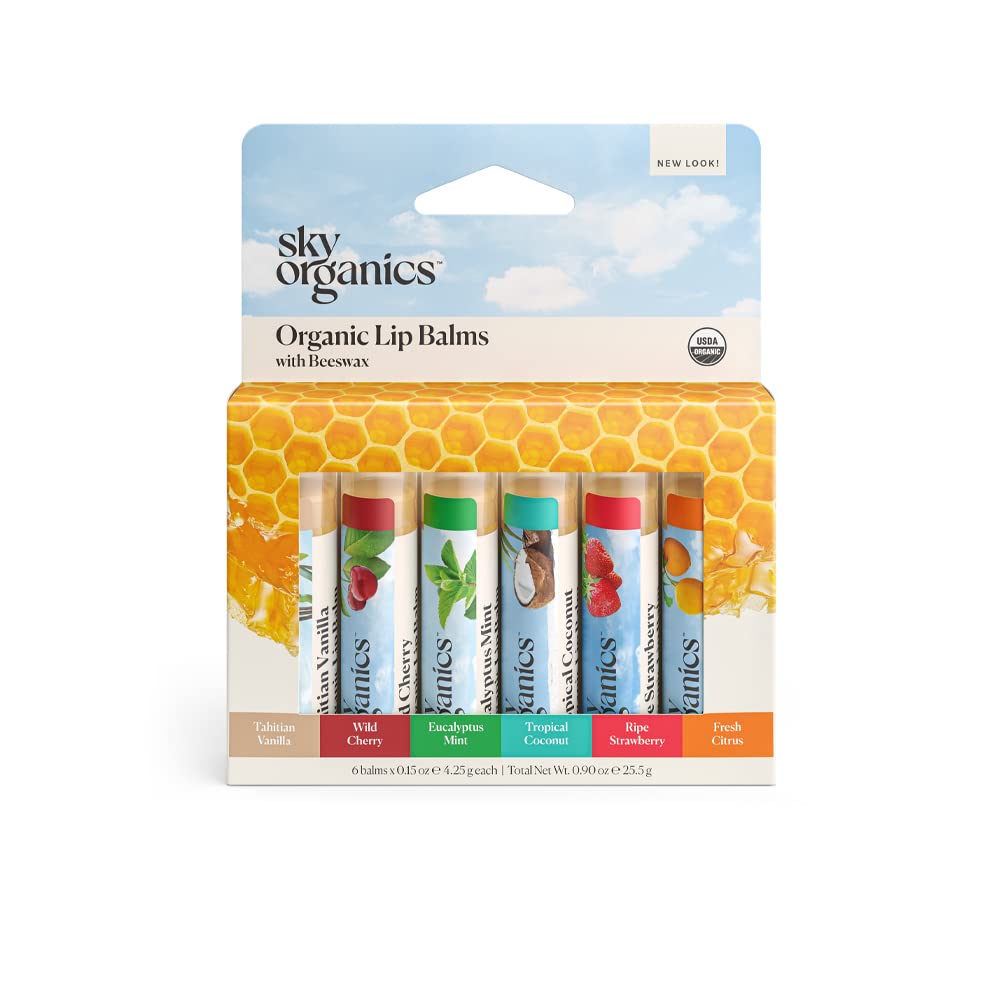 Sky Organics Organic Lip Balm with Beeswax and a Rich Nourishing Blend of Plant Oils, Moisturizing Lips Balms to Lock In Moisture and Keep Lips Feeling Soft and Smooth, Six Assorted Flavors, 6 pk.