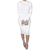 Pink Queen Womens Turtleneck Long Sleeve Knee Length Bodycon Midi Dress M White