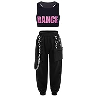 FEESHOW Kids Girls Sports Crop Top with Elastic Waistband Trousers Cargo Pants for Gymnastic Dance Workout Outfit