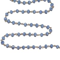 Blue Chalcedony 6MM Faceted Rondelle Gemstone Beaded Rosary Chain by Foot For Jewelry Making - 24K Gold Plated Over Silver Handmade Beaded Chain Connectors - Wire Wrapped Bead Chain Necklaces