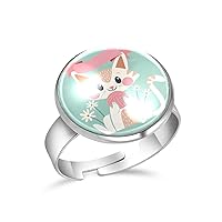 Cartoon Cat Adjustable Rings for Women Girls, Stainless Steel Open Finger Rings Jewelry Gifts