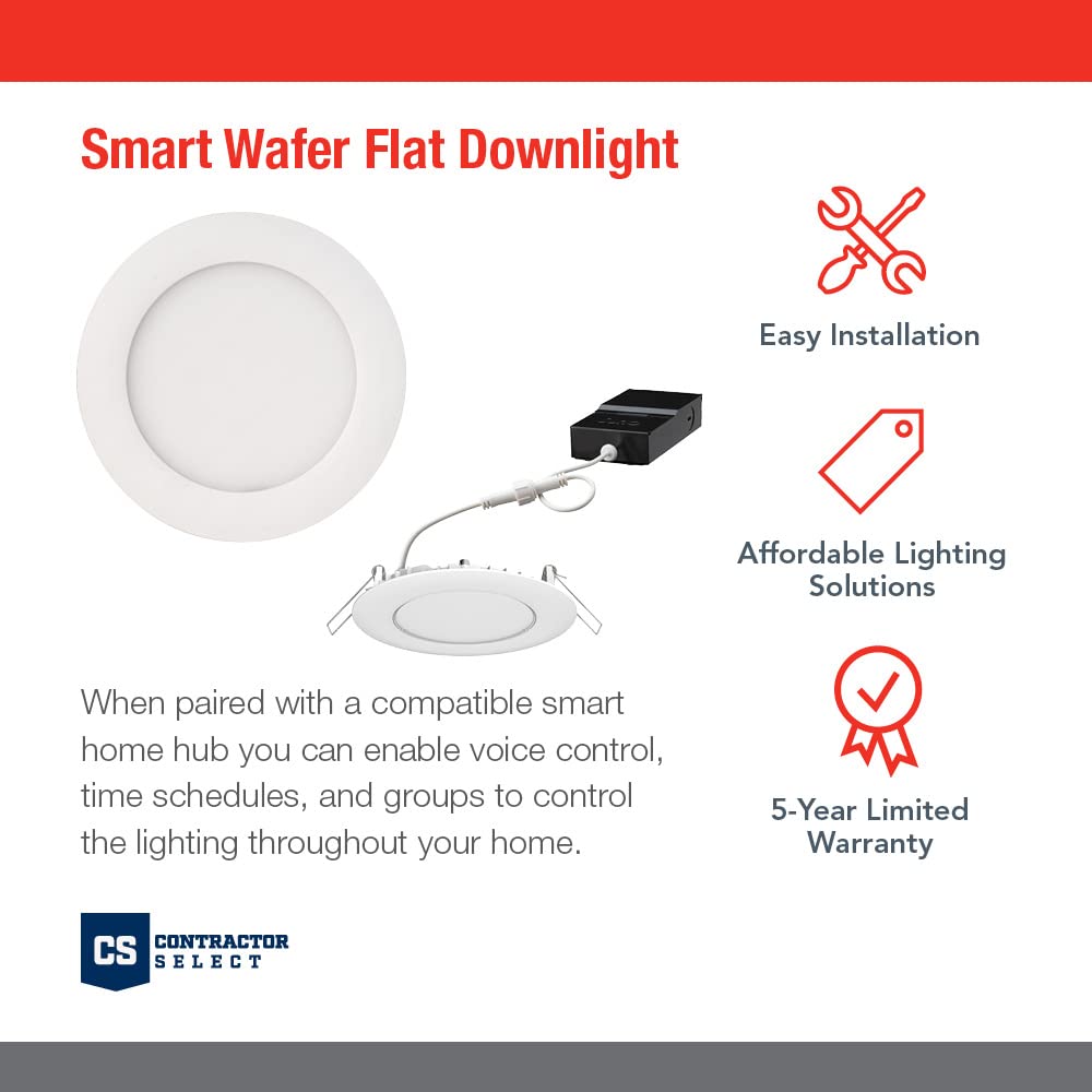 Juno WF6C RD TUWH MW M6 Smart LED Wafer Downlight, 2700K-5000K Tunable White, Dimmable, Zigbee or Bluetooth Connection, Use with Alexa, Google Home, SmartThings, Ultra Thin, 6 Inch, Matte White