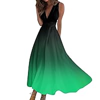 Maxi Summer Dress, Overall Dress Casual Dresses Swing Dress Womens V Neck Outdoor Sleeveless Weekend Maxi Dress Women's Boho Waist Retraction Printed 2024 Long Dress Flutter Sleeve (Green,Large)