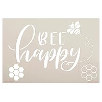 Bee Happy Script Stencil by StudioR12 | Craft DIY Spring Home Decor | Paint Inspirational Wood Sign | Reusable Mylar Template | Select Size (8 inches x 12 inches)
