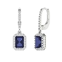 3.51cttw Emerald Cut Halo Solitaire Simulated Blue Sapphire Unisex Pair of Lever back Drop Dangle Earrings 14kWhite Gold