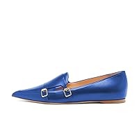 XYD Women Fashion Closed Pointed Toe Flats Slip on Double Buckles Upper Strap Loafers Dress Office Shoes