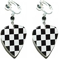 Black & White Checkered Flag Guitar Pick Clip On Dangle Earrings (GP015clip)