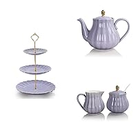SWEEJAR 3 Tier Ceramic Cake Stand & Royal Teapot & Royal Ceramic Sugar and Creamer Set Wedding, Dessert Cupcake Stand for Tea Party Serving Platter(Purple)