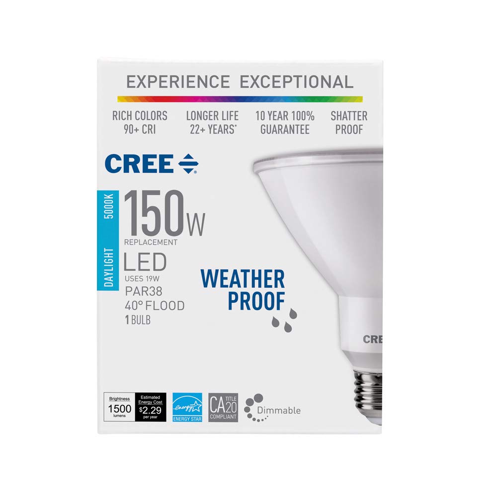 Cree Lighting PAR38 Weatherproof Outdoor Flood 150W Equivalent LED Bulb, 40 Degree Flood, 1500 lumens, Dimmable, Daylight 5000K, 25,000 hour rated life, 90+ CRI | 1-Pack, White