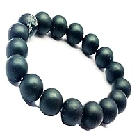 Unisex Bracelet 12mm Natural Gemstone Matte Black Onyx Round shape Smooth cut beads 7 inch stretchable bracelet for men & women. | STBR_05323