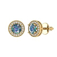 3.5ct Round Cut Halo Solitaire Blue Moissanite Pair of Solitaire Stud Screw Back Designer Everyday Earrings 18k Yellow Gold