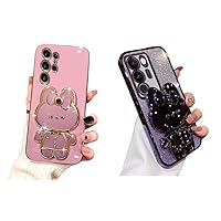 for Samsung Galaxy S24 Ultra Case Cute Hidden Rabbit Mirror Stand+Bling Glitter Soft Rabbit Kickstand Design