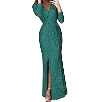Women's Sexy Sequin Long Sleeve V Neck Long Nightclub Style Slim Sling Dress with Slit Floral Dress