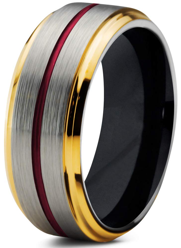 Chroma Color Collection Tungsten Carbide Wedding Band Ring 8mm for Men Women Green Red Blue Purple Black 18K Yellow Gold Grey Center Line Step Bevel Edge Brushed Polished