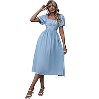 Women's Dresses -Line Square Neck Ruched Bust Puff Sleeve Dress Dress for Women