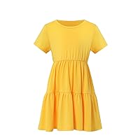 Girls' Short Sleeve Dresses Solid Casual Ruffle Trim Toddler Kids A Line Flowing Hem Skater Dress for Size 2-7 Years