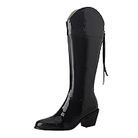Women Western Cowgirls Boots Stacked Heels Zipper Pointed Toe Tassels Cool Casual Comfortable Knee High Booties