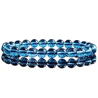 8mm Natural Gemstone Blue Topaz Round shape Smooth cut beads 7.5 inch stretchable bracelet for men. | HS_Stbr_M_02305