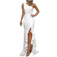 Women's One Shoulder Maxi Dress Ruffle High Split Cocktail Party Dress Sleeveless Sexy Elegant Long Bodycon Dress