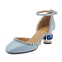 XYD Women Round Toe Ankle Strap D'Orsay Wedding Pumps Satin Chunky Low Heels Crystal Studs Dress Party Shoes