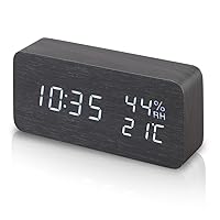 Iris Ohyama ICW-01WH-B Alarm Clock, Digital, Brightness Adjustment, Temperature and Humidity Display, Table Clock, Power Saving Mode, Wood Grain Design, Multifunction, Black