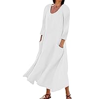 Summer Dresses for Women 2024 Printed 3/4 Sleeve Sun Dress with Pocket Trendy Flowy Dress Casual Vacation Beach Dress