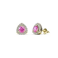 Round Pink Sapphire Natural Diamond 1/2 ctw Trillion Shape Stud Earrings 14K Yellow Gold