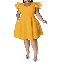 Women's Plus Size Cape Flutter Sleeve Stretchy A Line Swing Flared Skater Cocktail Party Dress with Pockets