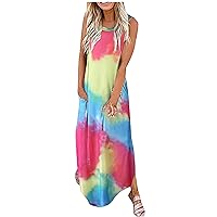 Women's Bohemian Print Beach Round Neck Trendy Glamorous Dress Flowy Casual Loose-Fitting Summer Swing Sleeveless Long