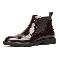 Mens Chelsea Boots Patent Leather Brogue Ankle Dress Boots for Men Red