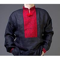 Handmade Black Vyshyvanka Mens Linen Shirt Red Embroidered Size Small