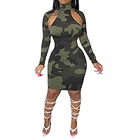 Womens Sexy Long Sleeve Turtleneck Camouflage Printed Cut Off Bodycon Party Clubwear Dress
