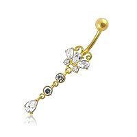14K Solid Yellow Gold Jeweled Butterfly with CZ Stone Dangling Belly Ring