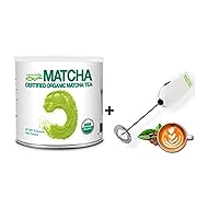 MATCHA DNA Certified Organic Matcha Green Tea Powder (8 oz TIN CAN) & Silver Handheld Battery Operated Electric Milk Frother (Round Tip Model 2)