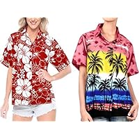 LA LEELA Women's Casual Button Down Short Sleeve Swim Hawaiian Shirt Work from Home Clothes Women Beach Shirt Blouse Shirt Combo Pack of 2 Size X - Large