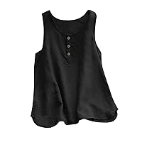 Cotton Linen Tank Tops for Women Scoop Neck Button Down Henley Shirts Summer Casual Sleeveless Loose Fit T-Shirt