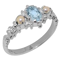 925 Sterling Silver Natural Aquamarine & Cultured Pearl Womens Antique Ring - Sizes 4 to 12 Available