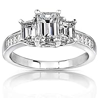 Kobelli Emerald Cut Diamond (I1-I2) Three Stone Engagement Ring 1 3/4 Carat (ctw) in 14k White Gold