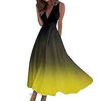 Maxi Dresses for Women 2024 Trendy Gradient Flowy Dresses Summer V Neck Sleeveless Dress Casual A Line Dress