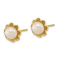 14K White Gold 5 6mm White Button Freshwater Cultured Pearl Flower Stud Earrings