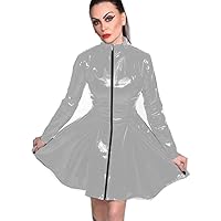 23 Colors Long Sleeve PVC Pleated Mini Dress Zipper Front Sexy Wetlook Clubwear (Silver,3XL)